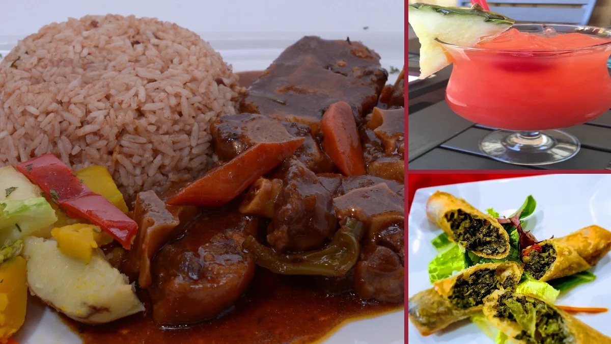 Tropical cocktails beside hearty Jamaican dishes.