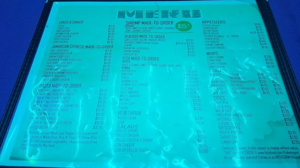 Printed menu showing lunch and dinner choices.