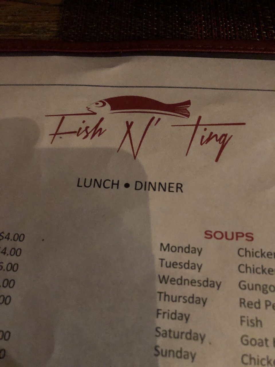 Seafood, rice, and salad sections listed.